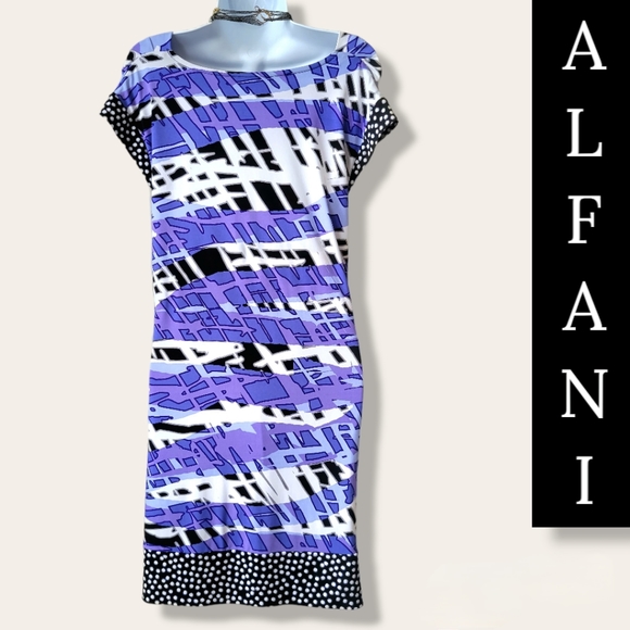Scoop Drape Neck ALFANI Dress Womens XL Cap Sleeves Stretch Blue Black Purple - Picture 12 of 13